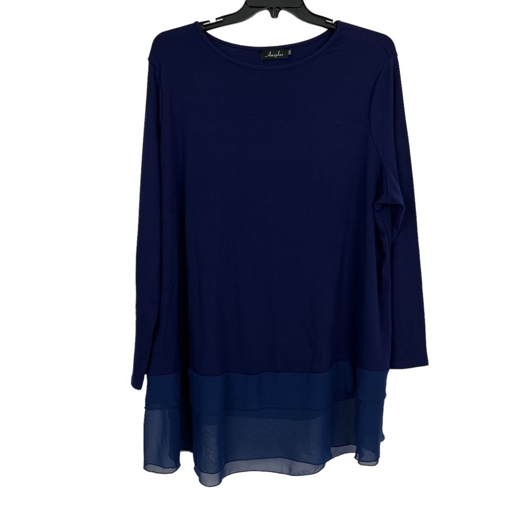 AMZPLUS Women’s Pullover Top Sz 5XL Color Blue Stretch Tiered Bottom Long Sleeve